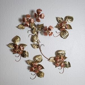 Vintage Metal Floral Wall Decor Brass & Copper Dogwood Flower Leaf MCM Set Of 4